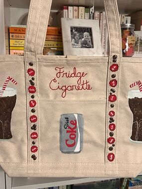 Hand-Painted Hand-Embroidered Canvas Boat Tote Bag | Fridge Cigarette Diet Coke